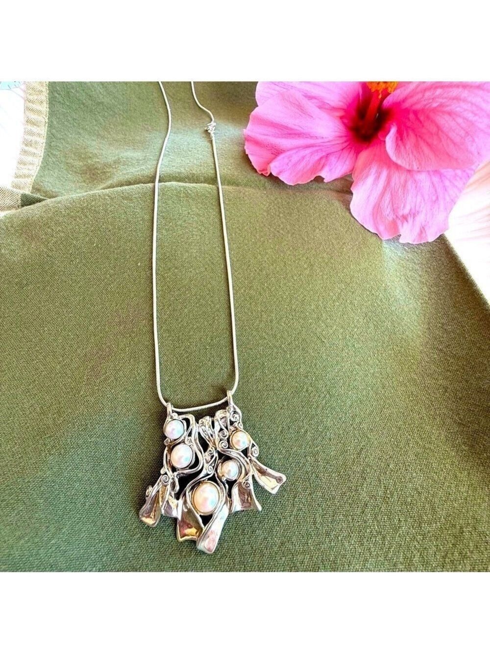 Hagit Gorali Sterling and Pearl large pendant with 20” .925 snake chain